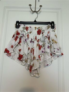 White Floral Smocked Waist Ruffled Women’s Skort Shorts